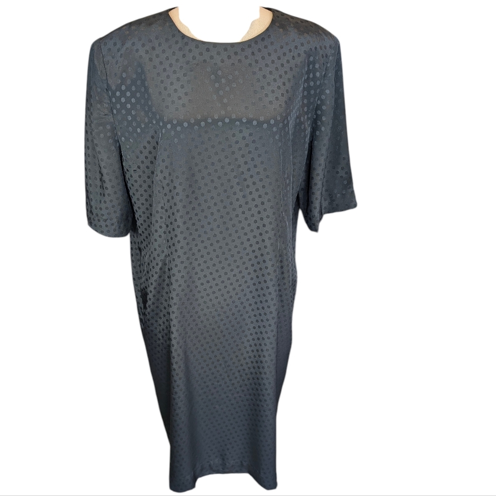 Vintage handmade, silky poly, black/ black, reflective polka dot maxi dress. XL